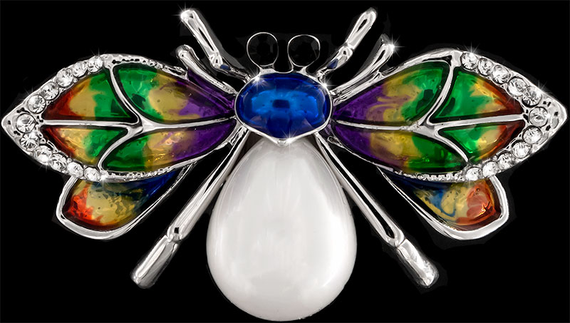 Brosche Käfer bunt silberfarben mit einer Perle, schwarzen und vielen weissen Strass Steinen BR035 oben