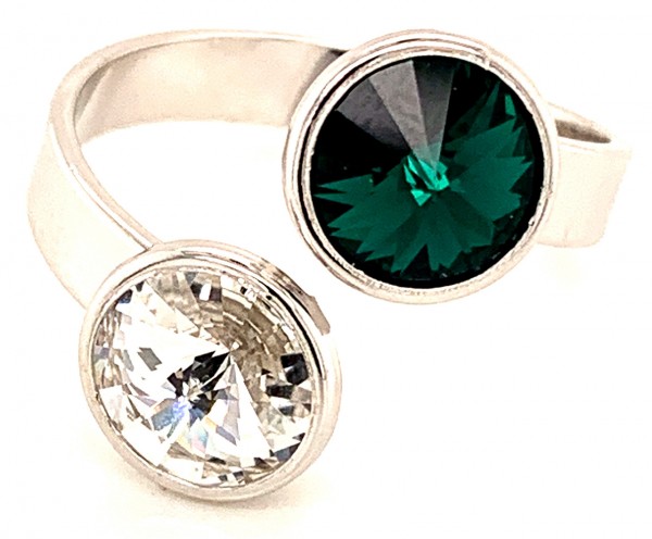 Silber Ring mit 2 Swarovski Crystal 1*Emerald (Smaragd) grün 1*Crystal Clear 925 Silberfassung größe