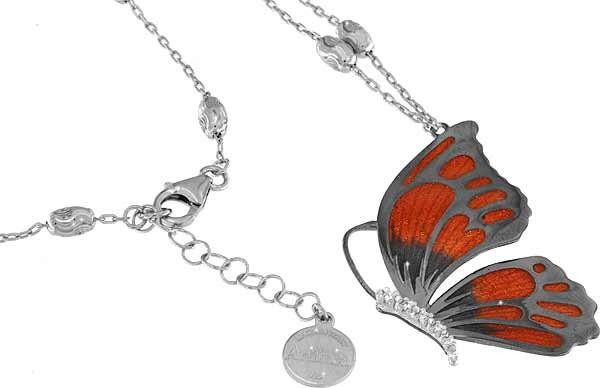 Halskette mit Schmetterling Anhänger 4.5cm orange in 925 Sterling Silber Rhodiniert mit Zirkonia ZCL
