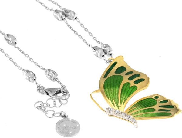 Halskette mit Schmetterling Anhänger 4.5cm grün in 925 Sterling Silber Vergoldet mit Zirkonia ZCL925