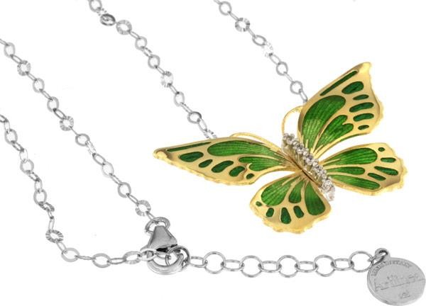 Halskette mit Schmetterling Anhänger 4.5cm grün in 925 Sterling Silber Vergoldet mit Zirkonia ZCL924
